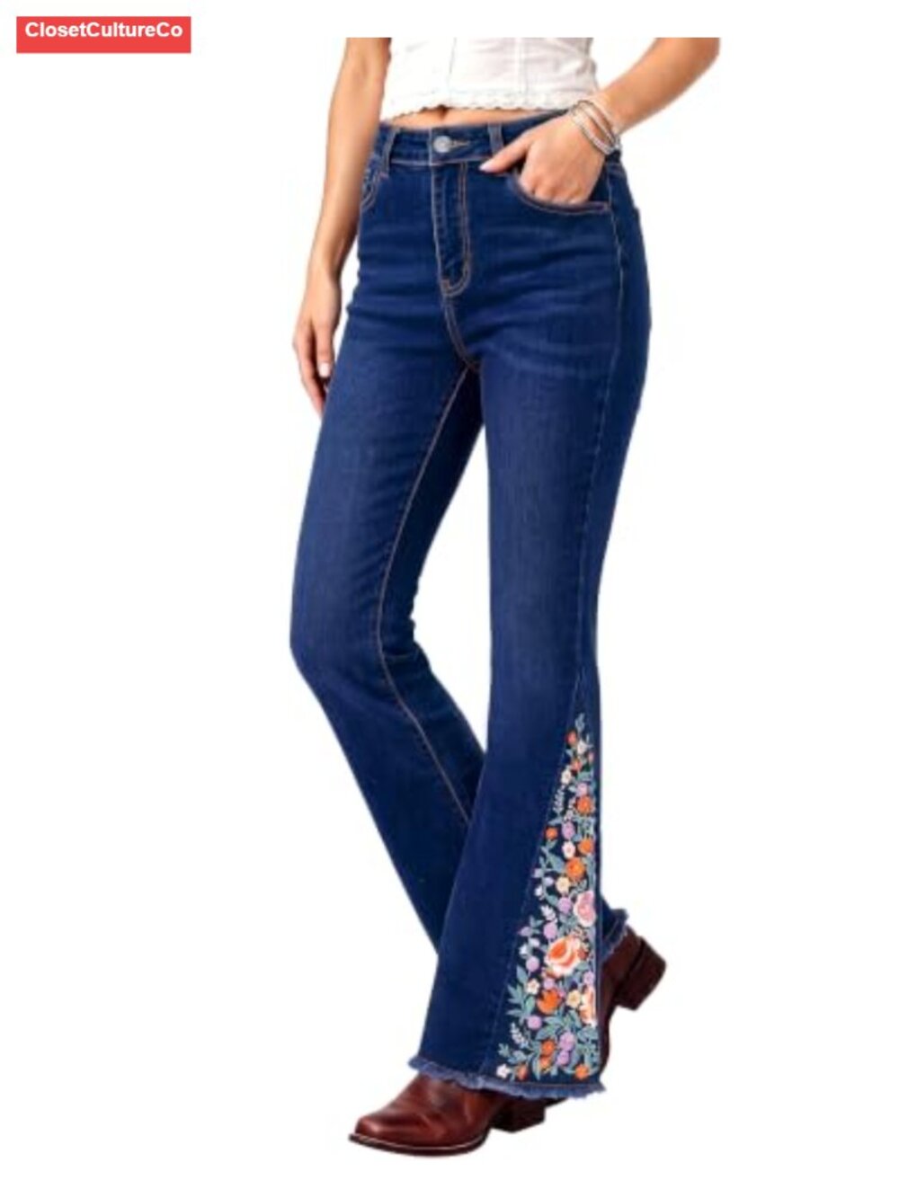 Floral Embroidered Flare Jeans High Rise Raw Hem Stretch Denim